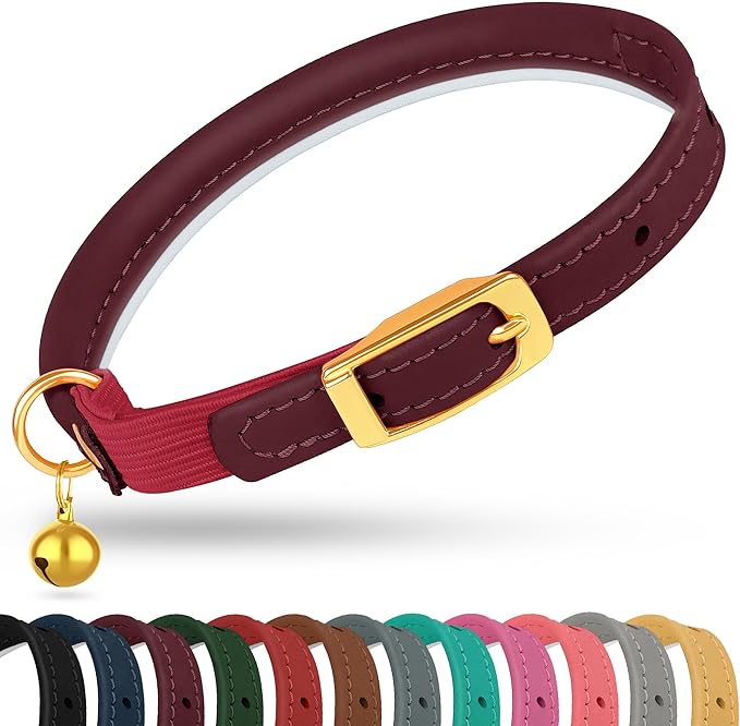 OOPSDOGGY Rolled Leather Cat Collar with Bell - Reflective Kitten Collar with Safety Elastic Strap - Adjustable Small Pet Collars for Boy Girl Cats (Burgundy)-Mewly Pet