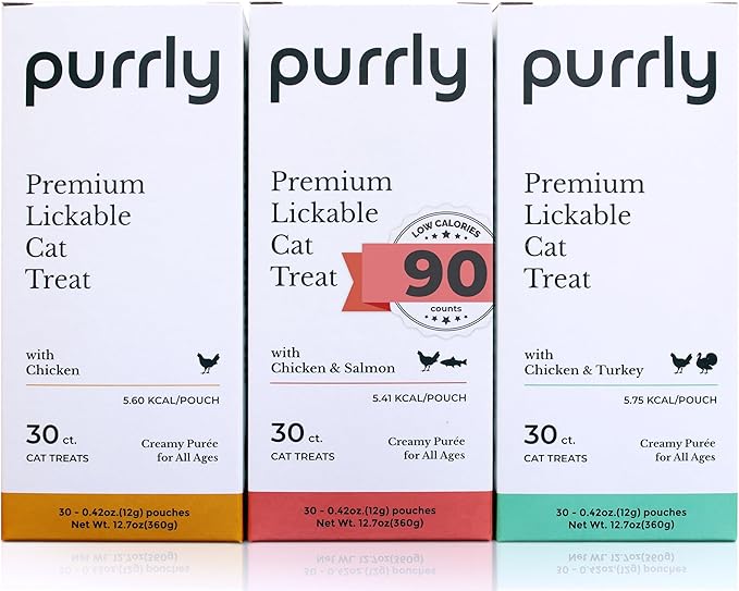 Purrly Low Calorie Premium Lickable Cat Treat Topper Healthy Chicken Variety Bundle (90 Count) Human-Grade Protein Sources with Functional Nutrients Wet Squeeze Creamy Purée Grain-Free Non-GMO-Mewly Pet