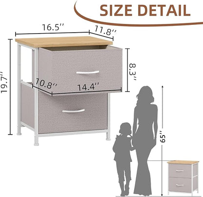 Somdot Nightstand Set of 2, Small Dresser for Bedroom with 2 Drawers, Bedside Table Night Stand End Table with Fabric Bins for Bedroom Kids Closet Dorm Guest Room, Ash Grey
