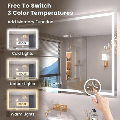 55"X30" LED Bathroom Mirror with Front Lights and Backlit, Anti-Fog, Dimmable, Shatter-Proof Tempered Glass, Lighted Bathroom Vanity Mirror for Wall with 3 Colors, Memory Function