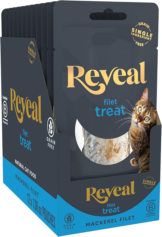 Reveal Natural Whole Protein Fillet Cat Treats, Single Ingredient, Grain Free, High Protein Treats for Cats, for Training, Treating, or Snacking, Whole Mackerel Loin (12 x 1.06 oz Loin)-Mewly Pet