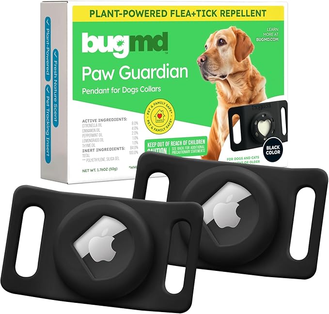 BugMD Paw Guardian Flea & Tick Pendant (2-Pack) with AirTag Holder – Plant-Based Flea & Tick Prevention for Dogs – Pet Collar Tag & GPS Tracker Holder for Dogs – Black-Mewly Pet