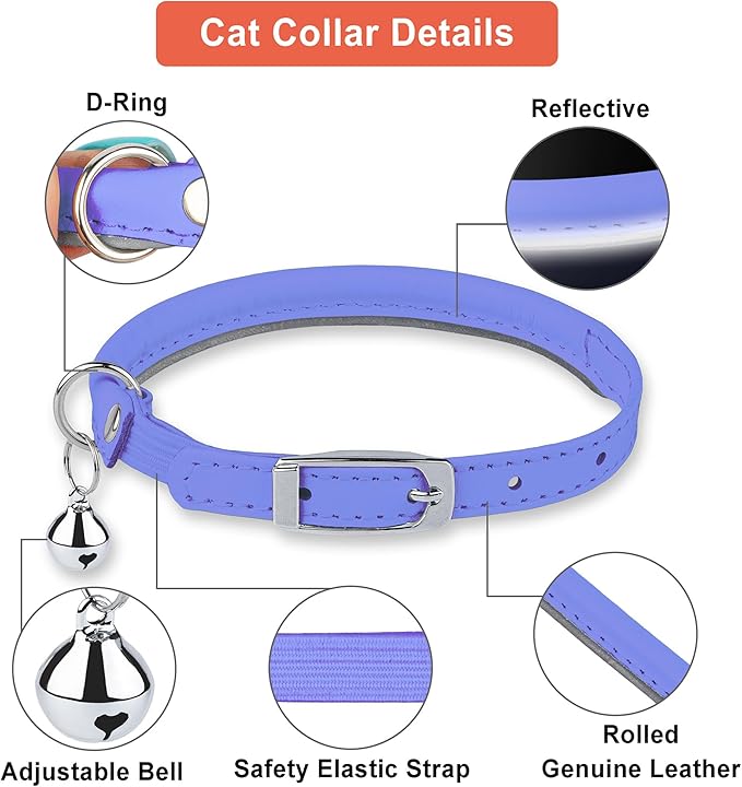 OOPSDOGGY Rolled Leather Cat Collar with Bell, Reflective Kitten Collars with Buckle Include Safety Elastic Strap - Adjustable Small Pet Collars for Boy Girl Cats (Lilac)-Mewly Pet