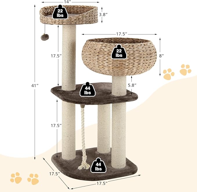 Tangkula Modern Cat Tree for Indoor Cats, Small/Tall Cat Tower with Natural Sisal Scratching Post, Hand-Made Wicker Cat Condo & Top Perch, Funny Hanging Toy Ball, Cute Cat Tree Tower for Large Cats-Mewly Pet