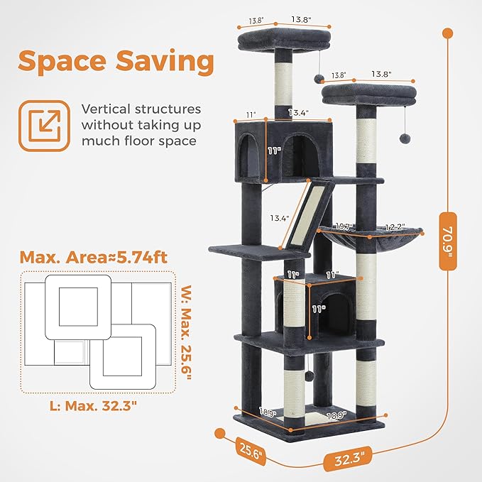 PAWZ Road 70 Inch Cat Tower, Tall Cat Tree with 2 Cozy Condos, 2 Plush Perch, Large Basket, 2 Scraching Pad & 6 Scraching Posts for Indoor Cats Large Adult, Dark Gray-Mewly Pet