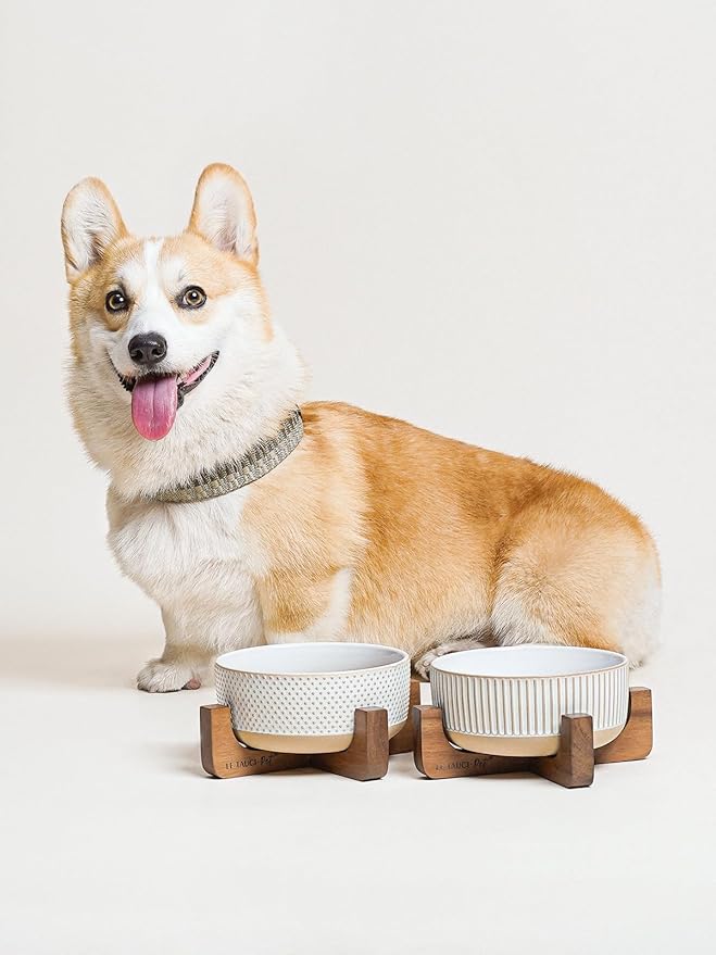 Ceramic Dog Bowls for Medium Small Dogs - 4 Cup Medium Dog Food and Water Bowls with Wood Stand, Cute Pet Dishes Set of 2, Lines+Dot-Mewly Pet