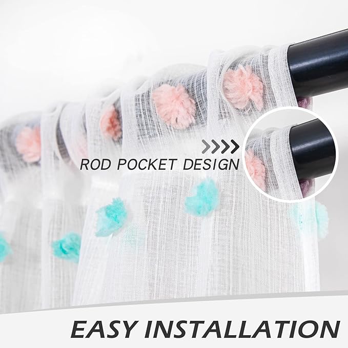MYSKY HOME Small Curtains for Kitchen Windows Rainbow Pom Pom Curtains for Bedroom Light Filtering White Sheer Curtains for Nursery Cafe Bathroom Privacy Rod Pocket Voile 52 x 45 inch 2 Panels