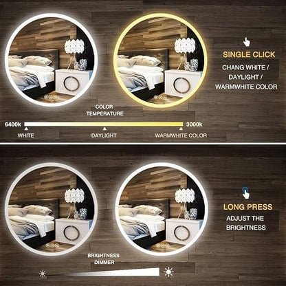 Wall-Mounted LED Round Bathroom Mirror, Makeup Mirror (24 inches x 24 inches,) 3 Color Stepless Dimmable Memory Bathroom Vanity Mirror with Lights CRI90+ 3000-6400K Smart Mirror with Touch