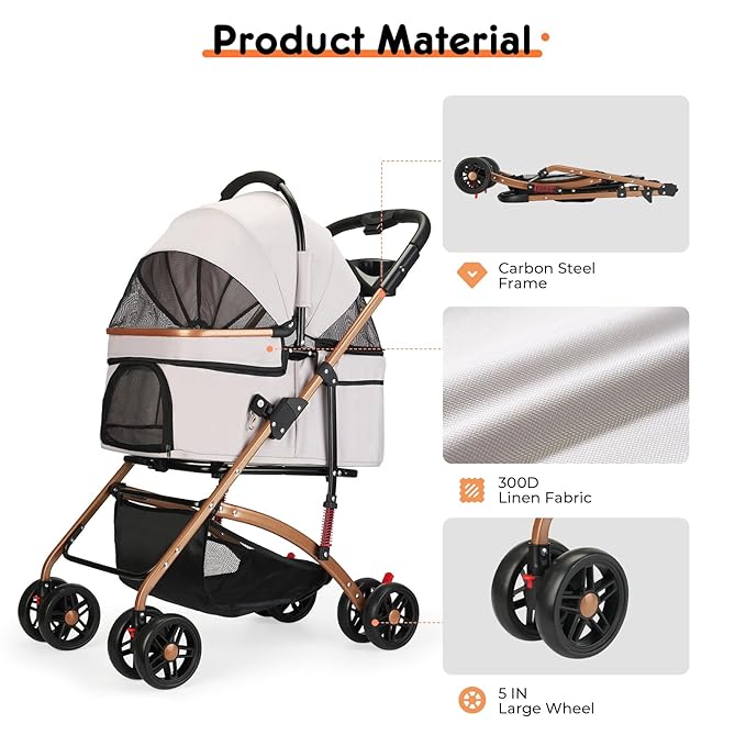 3-in-1 Foldable Pet Stroller for Medium Dogs & Cats (50lbs) - Detachable Carrier, Car Seat, Storage Basket, 5" Lockable Wheels-Mewly Pet