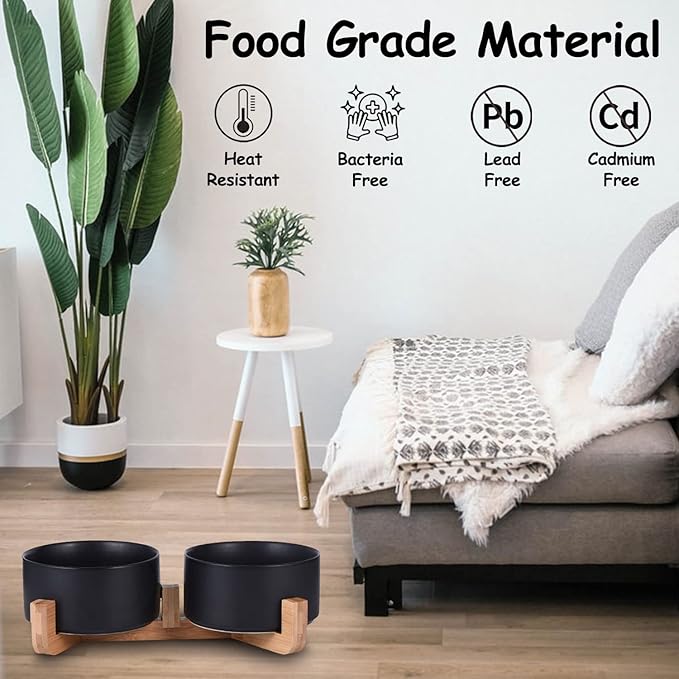 Petygooing Dog Bowls,Black Ceramic Cat Dog Bowl Set with Wood Stand for Food and Water,Non-Slip Cute Modern Pet Dish Set for Cats Small and Medium Dogs (28OZ/6.1 in)-Mewly Pet