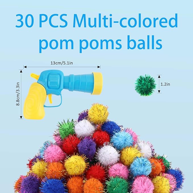102Pcs Cat Toy Gun Launcher - 100 Sparkle Pom Pom Balls and 2 Ball Launchers, Interactive Fetch Toy Shooter for Indoor Cats and Kitty-Mewly Pet