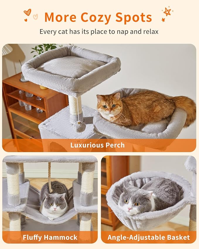 Taoqimiao Cat Tree, 71.7-Inch Cat Tower for Indoor Cats, Plush Multi-Level Cat Condo with 13 Scratching Posts, 2 Perches, 2 Caves, Hammock, 2 Pompoms,Light Gray MS013LW-Mewly Pet