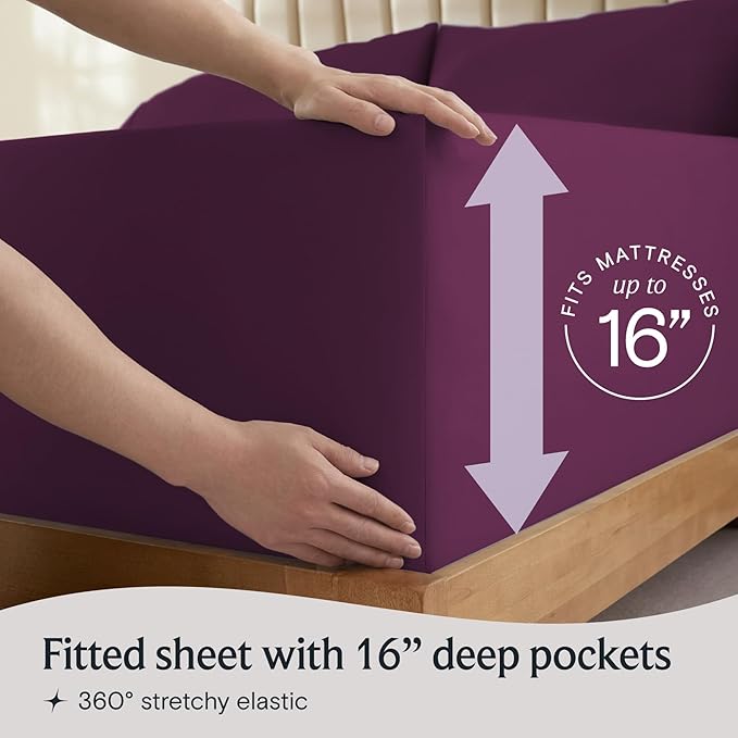 LuxClub 4 PC Queen Sheet Set, Deep Pockets Wrinkle Free Cooling Bed Sheets Hotel Bedding for Women, Men, Kids & Teens, Includes 1 Fitted Sheet, 1 Flat Sheet and 2 Pillowcases - Silky Soft Eggplant