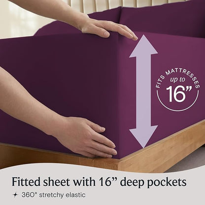 LuxClub 4 PC Queen Sheet Set, Deep Pockets Wrinkle Free Cooling Bed Sheets Hotel Bedding for Women, Men, Kids & Teens, Includes 1 Fitted Sheet, 1 Flat Sheet and 2 Pillowcases - Silky Soft Eggplant