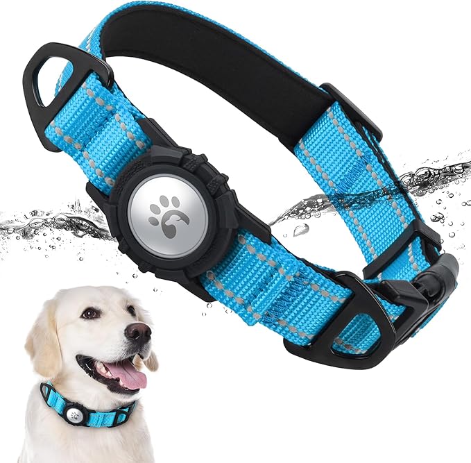 TagME Airtag Dog Collar,Waterproof Reflective Pet Collar with Airtag Holder,Soft Padded and Double D-Rings for Extra Large Dogs,Light Blue-Mewly Pet