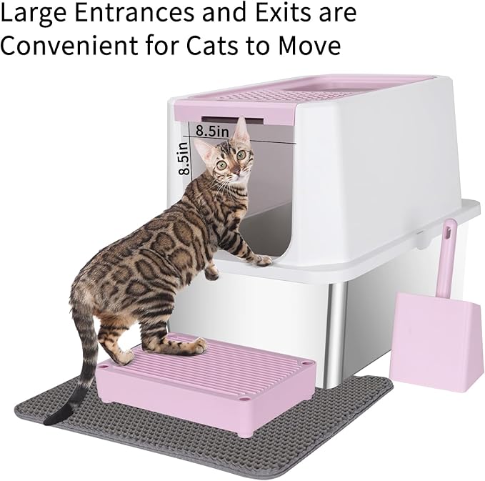 RIZZARI Stainless Steel Cat Litter Box, Odorless Enclosed Litter Box with Top Holes, Large Litter Pan for Small to Large Sized Cats (Dark Pink, 24" L*16" W*18" H)-Mewly Pet