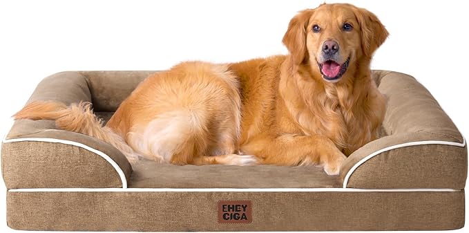 EHEYCIGA Orthopedic Dog Beds for Extra Large Dogs, Waterproof Memory Foam XL Dog Bed with Sides, Non-Slip Bottom and Egg-Crate Foam Big Pet Couch Bed with Washable Removable Cover, Camel-Mewly Pet