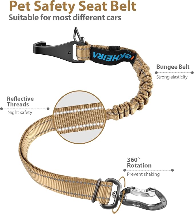 IOKHEIRA Dog Seatbelt, Universal Reflective Bungee Dog Car Harness with Hook Latch & Seatbelt Buckle, Swivel Aluminum Carabiner, Green-Mewly Pet