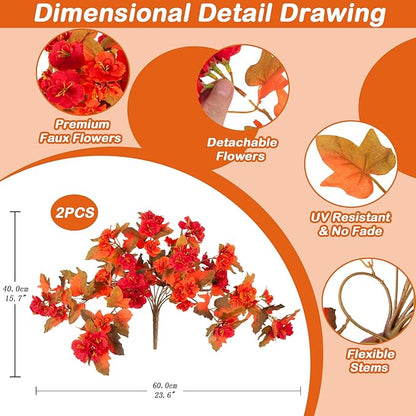 Homsunny Fall Flowers for Outdoors, 2 PCS Fake Fall Flowers UV Resistant Fake Autumn Artificial Flowers for Porch Patio Window Box Planter Home Decor (Fall Red and Orange)