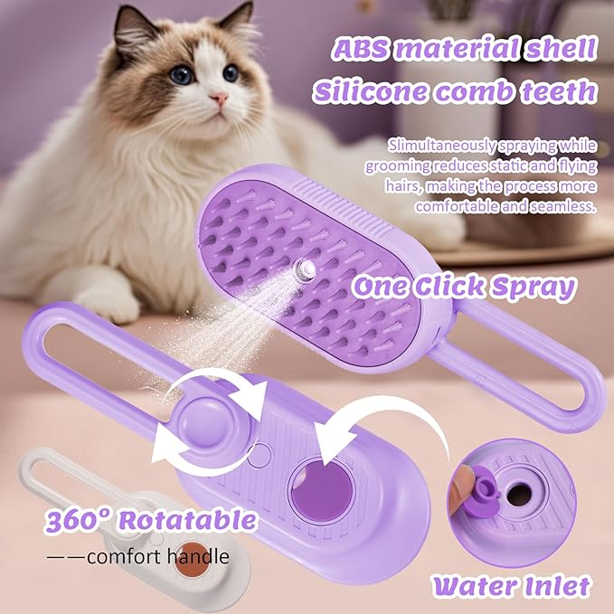 4 in 1 Cat & Dog Steam Brush for Long/Short Hair Shedding - Rechargeable Pet Grooming Brush with Anti-Static Steam Spray, Foldable Handle & Dual Massage Modes for Home Pet Spa Cleaning-Mewly Pet