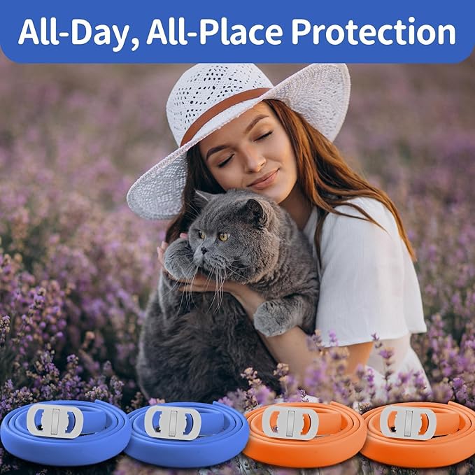 4 Pack Flea and Tick Collar for Cats, 32 Months Flea and Tick Treatment, Flea and Tick Prevention, Waterproof, Adjustable Flea and Tick Collar for Kittens, Blue & Orange-Mewly Pet