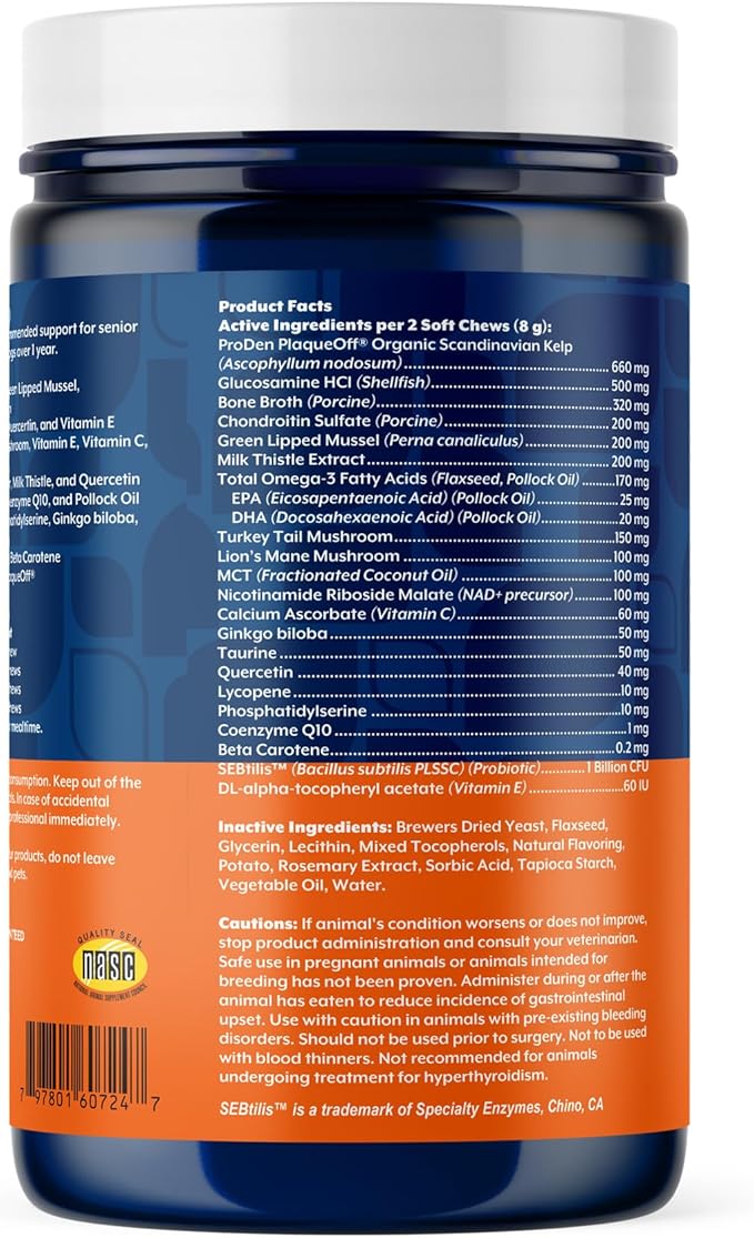 NaturVet All-in-One Senior Dog Daily Care Supplement, 8-in-1 Support Dog Soft Chews for Mobility, Skin, Heart, Teeth, Cognition, Eyes, Hickory Smoked Bacon Flavored Pet Supplement for Dogs, 60 Count-Mewly Pet