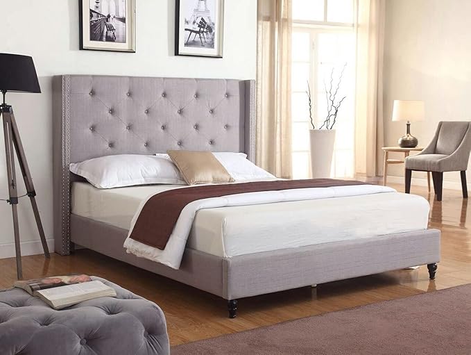HomeLife furBed00007_Cloth_LightGrey_Full Platform Bed, Grey
