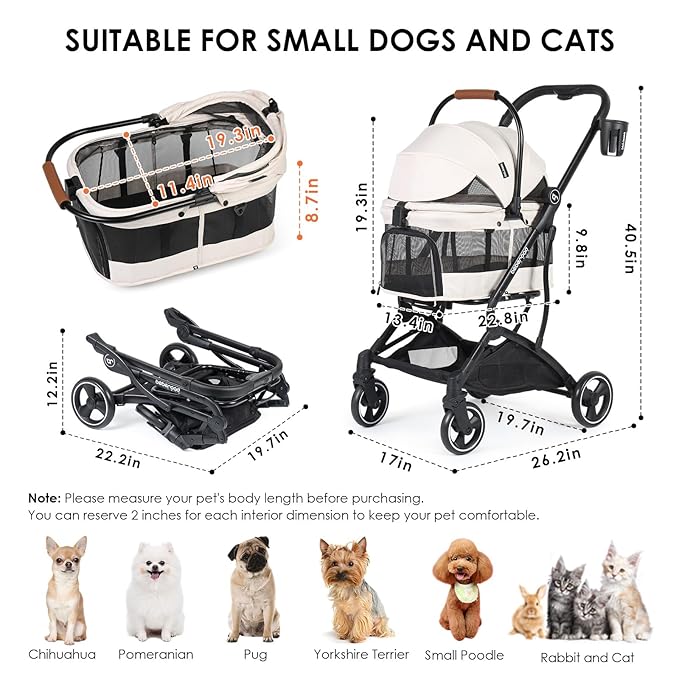 T3 Foldable Pet Stroller for Small Dogs & Cats – 3-in-1 Lightweight Design, 180° Canopy & Detachable Carrier (Beige)-Mewly Pet