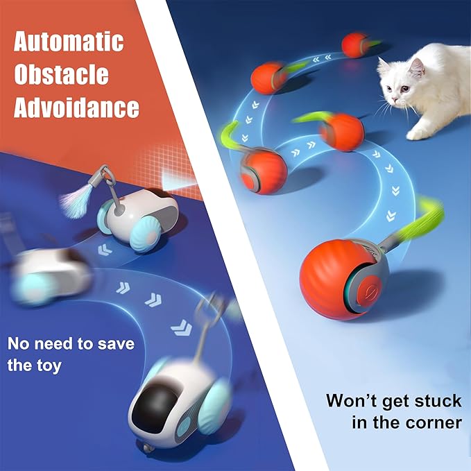 1pc Interactive Automatic Remote Control Cat Mice Car Toy and 1pc Smart Electric Moving Speedy Cat Ball Toy with Feather Tail, Suitable for Dogs, Keep Busy, Stimulating, Rechargeable (Blue)-Mewly Pet