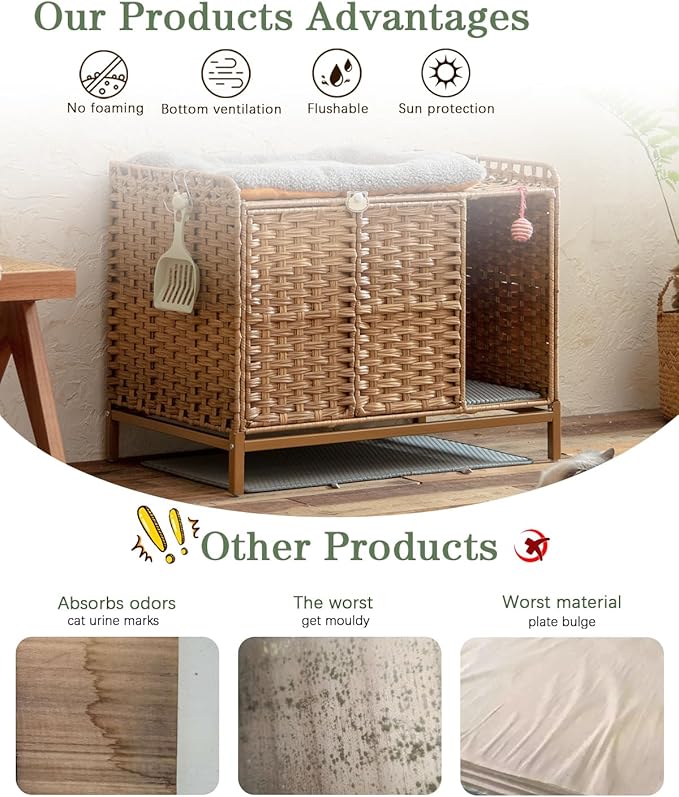 Cat Litter Box Enclosure Furniture with Divider, Handwoven Rattan Litter Box with Mat, 31.2 x 19.6 x 24.2 Inches, Metal Heightened Feet, Hidden Cat House for Living Room, Bedroom (Natural)-Mewly Pet