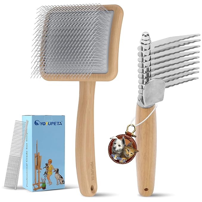 Long Pin Dog Slicker Brush for Poodles, Golden Doodles & Cats - 3-Piece Grooming Kit with Dematting Comb and Pet Comb, Large Wooden Handle Deshedding Tools for Thick Hair Mats Removal-Mewly Pet