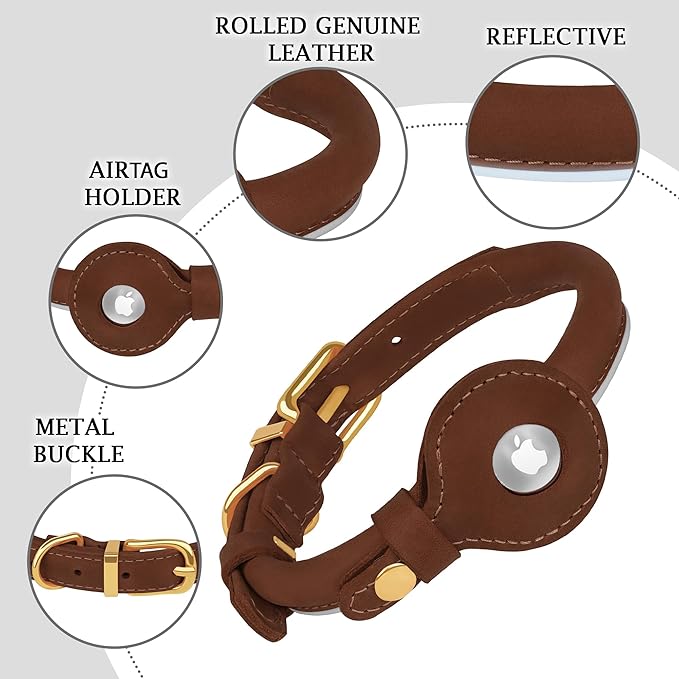 OOPSDOGGY Rolled Leather Dog Collar with Airtag Holder - Reflective Round Airtag Dog Collar - Soft Tracking Pet Collar for Small Dogs Puppy Cats Kitten (Brown, M, 12"-15")-Mewly Pet
