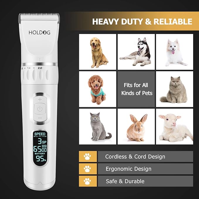 Dog Clippers Professional Heavy Duty Dog Grooming Clipper 3-Speed Low Noise High Power Rechargeable Cordless Pet Grooming Tools for Small & Large Dogs Cats Pets with Thick & Heavy Coats-Mewly Pet