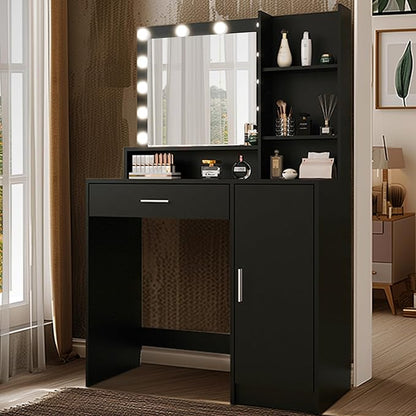 Vanity Desk with Mirror & Light, Large Drawer & Three Level Storage Dresser, 3 Lighting Modes Adjustable Brightness, Bedroom Dressing Table (Black)