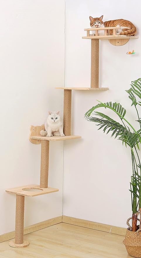 Cat Tree Wall Mounted with 4 Levels Shelves, 73" Wood Corner Tower Inside Kitten Scratching Post for Climbing,Perching and Lounging (Left to Right)-Mewly Pet