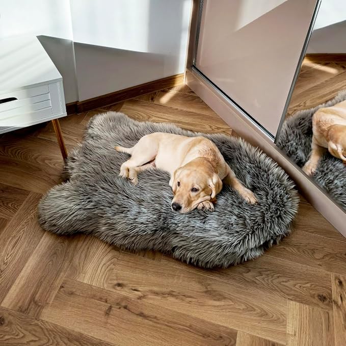 IHAPPYDOG Luxury Faux Fur Orthopedic Dog Bed, Memory Foam Dog Bed for Small, Medium, Large and XL Pets, Fluffy Pet Bed with Waterproof and Washable Cover (Grey, 40"x25")-Mewly Pet