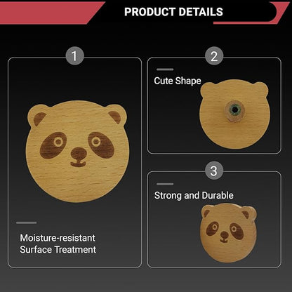 4PCS Wooden Panda Shaped Cabinet Knobs, Cabinet Handles, Single Hole Beech Wood Handles, Wood Hooks with Full Set of Screw Accessories