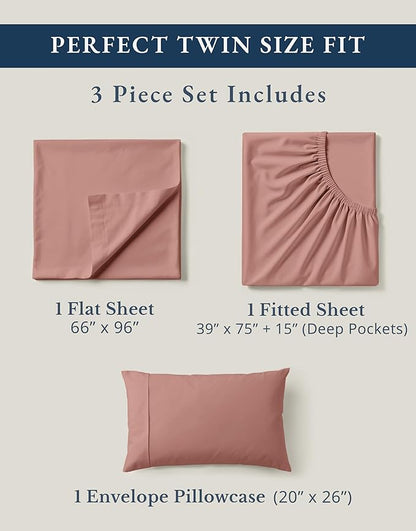 LANE LINEN 100% Organic Cotton Twin Sheet Set, Soft & Comfy Premium Bedding Sheets & Pillowcases, Luxury Hotel Like Percale Sheets, Reinforsed French Seam in Fitted Sheets Pocket - Rose Dawn