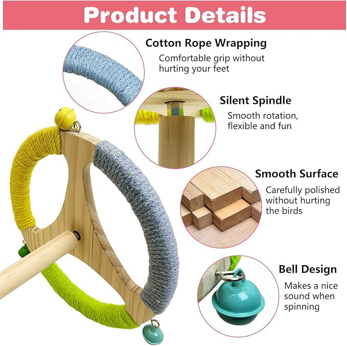 PINVNBY Bird Stand Perch Toy Wooden Spinning Parrot Perch with Cotton Rope and Bell Interactive Cockatiel Toy Bird Cage Accessories for Parakeets Conures Budgies Finches Lovebirds-Mewly Pet