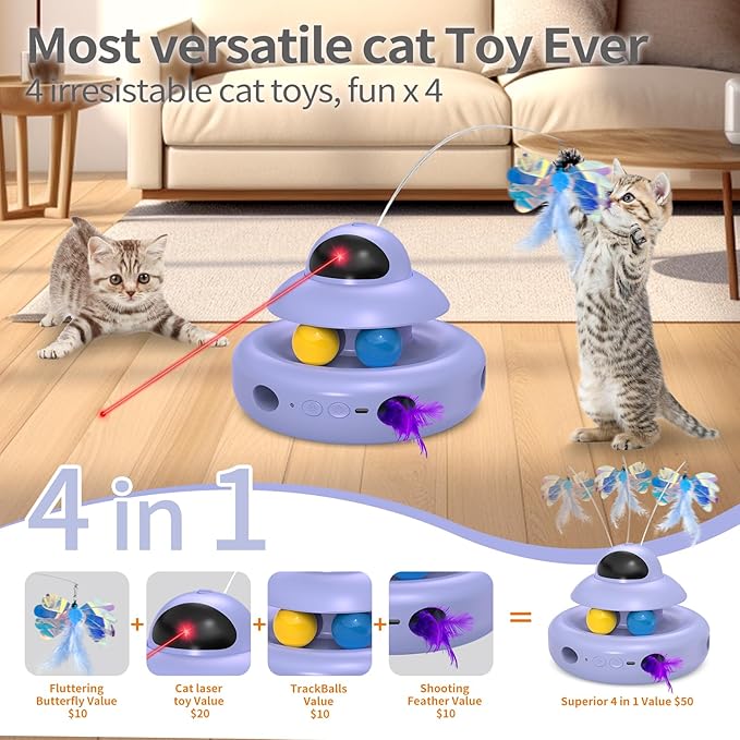 Cat Toy,Purple 4-in-1 Interactive,Cat Toys for Bored Indoor Adult Cats,Electric Flying Butterfly,Rechargeable Automatic Toy,Moving Ambush Feather,Track Balls-Mewly Pet