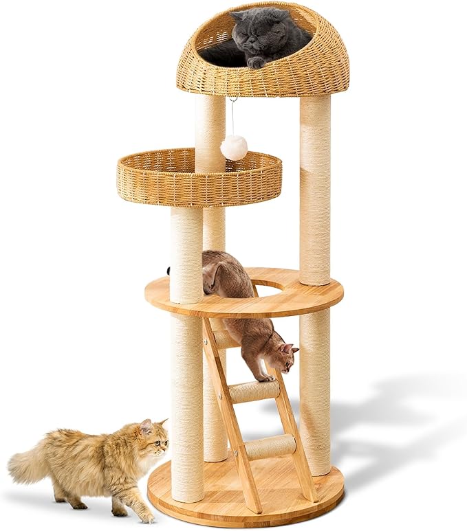 Big Modern Design Cat Tree Tower, Cat Tower Sisal-Covered Scratching Posts for Indoor Cats, Natural Oak Wood Cat Tree for Large Cats, Multi-Level Cat Condo with Sisal Staircase-Mewly Pet