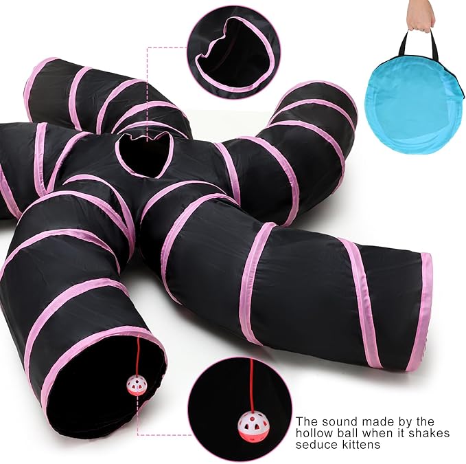 Poen 21 Pcs Cat Tunnel for Indoor Set Collapsible 5 Way Tubes with 20 Pcs Cat Kitten Toys Interactive Feather Toy Mouse Crinkle Balls Tube for Puppy Kitten Rabbit(Pink Black)-Mewly Pet