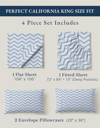 LANE LINEN 100% Organic Cotton Printed California King Sheets Set, 4-Piece All Seaons Soft & Comfy Mercerized Fully Elasticized Naturally Temperature Regulating Printed Cotton Cal King Sheets -Chevron