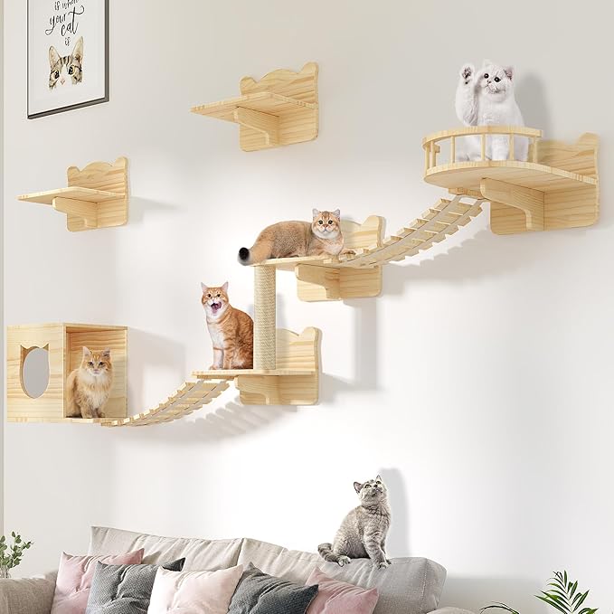 Cat Wall Shelves, Cat Wall Furniture Pine Wooden Feline Shelf, 9 Piece Shelves and Perches with Bed, House, Steps, Bridge Ladder and Scratching Post-Mewly Pet