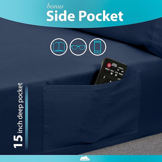 DREAMCARE California King Sheet Sets - Cooling Bed Sheets - 4pcs Set - up to 15" Deep Pocket Cal King Sheets - California King Sheets - Soft & Lasting 100% Brushed Polyester with Side Pocket - N Blue