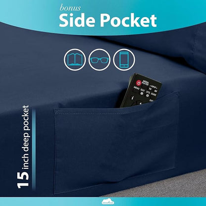 DREAMCARE California King Sheet Sets - Cooling Bed Sheets - 4pcs Set - up to 15" Deep Pocket Cal King Sheets - California King Sheets - Soft & Lasting 100% Brushed Polyester with Side Pocket - N Blue