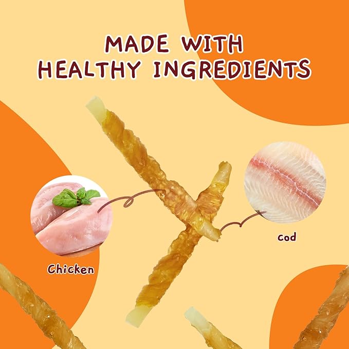 Jungle Calling Rawhide Free Treats for Dogs, Chicken Wrapped Cod Sticks Dog Treats, Soft Chewy Snacks for Training Rewards, 10.6 oz (Chicken)-Mewly Pet