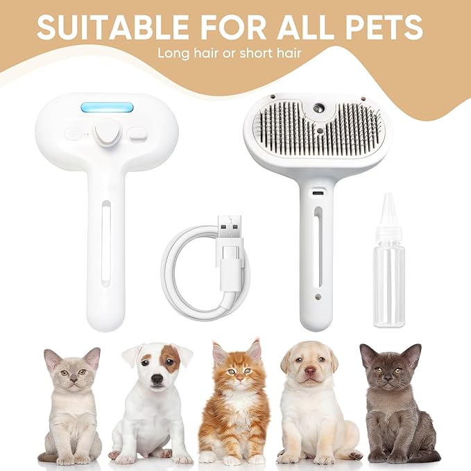 3-in-1 Cat Steam Brush – Pet Grooming & Shedding Comb with Gentle Steam Spray, One-Click Hair Release, for Long & Short Hair Cats & Dogs (White)-Mewly Pet