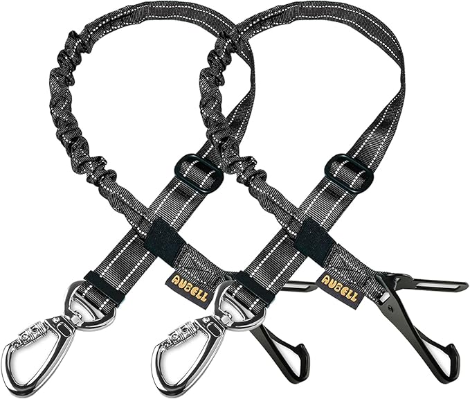 AUBELL Dog Seat Belt for Car,2 Pack Set 3-in-1 Adjustable Reflective Bungee Heavy Duty Dog Car Harness Tether with Clip Hook Latch & Buckle,Swivel Zinc Alloy Carabiner,Black+Black-Mewly Pet