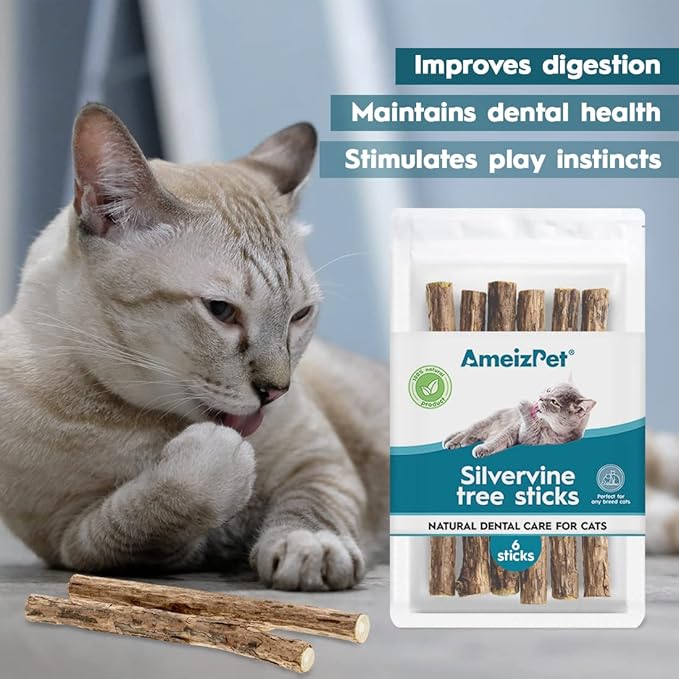 Catnip Sticks for Cats, Cat Dental Chew Sticks - Natural Matatabi Cats Dental Care, Silvervine Cat Teeth Cleaning (6 pcs)-Mewly Pet